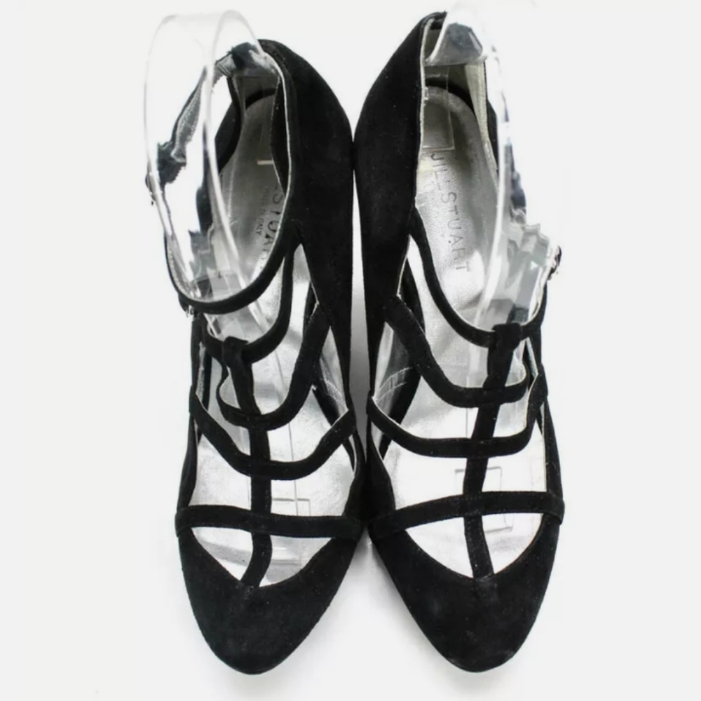 JILL STUART SUEDE CAGED WEDGES PUMPS BLACK HEELS - Picture 2 of 5